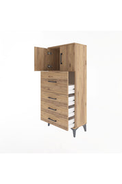 Arges Dolap Tek Raflı 4 Çekmeceli 2 Kapaklı 60x30x134 Çam-Çam