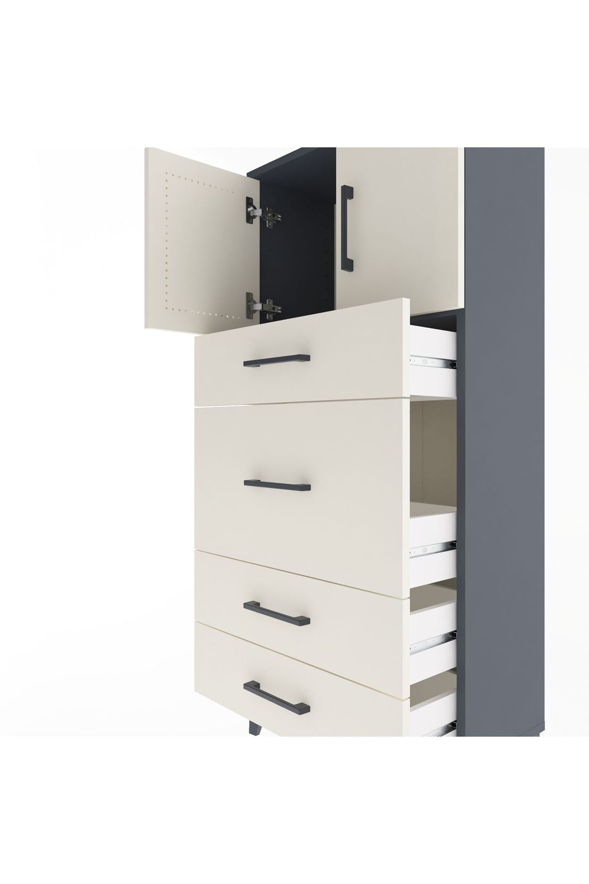 Arges Dolap Tek Raflı 4 Çekmeceli 2 Kapaklı 60x30x134 Antrasit-Aytaşı