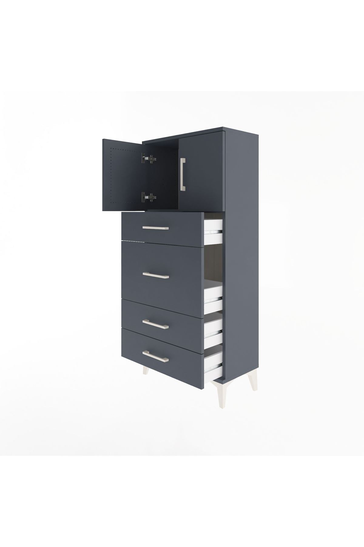 Arges Dolap Tek Raflı 4 Çekmeceli 2 Kapaklı 60x30x134 Antrasit-Antrasit