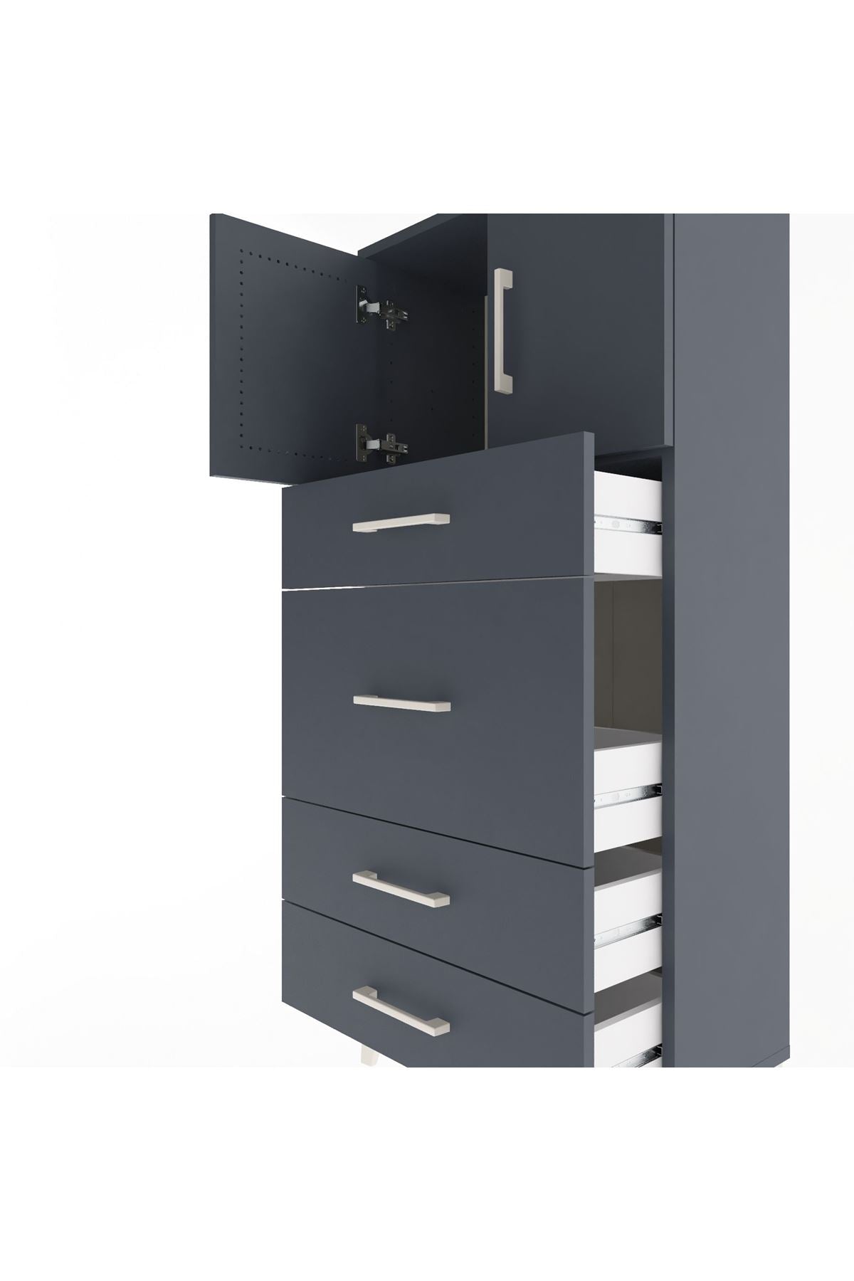 Arges Dolap Tek Raflı 4 Çekmeceli 2 Kapaklı 60x30x134 Antrasit-Antrasit