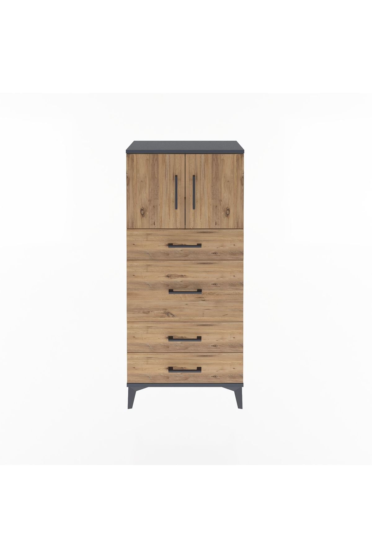 Arges Dolap Tek Raflı 4 Çekmeceli 2 Kapaklı 60x30x134 Antrasit-Çam