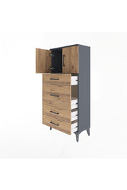 Arges Dolap Tek Raflı 4 Çekmeceli 2 Kapaklı 60x30x134 Antrasit-Çam