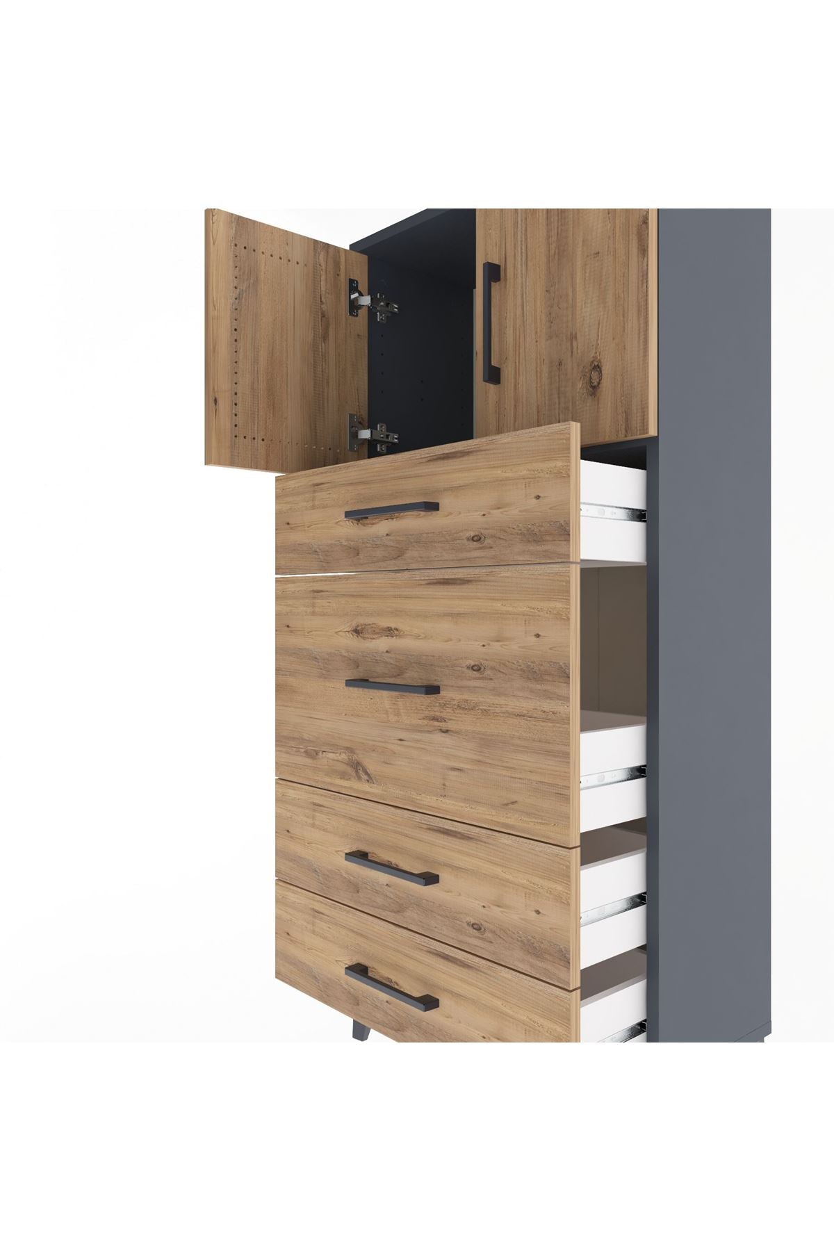 Arges Dolap Tek Raflı 4 Çekmeceli 2 Kapaklı 60x30x134 Antrasit-Çam