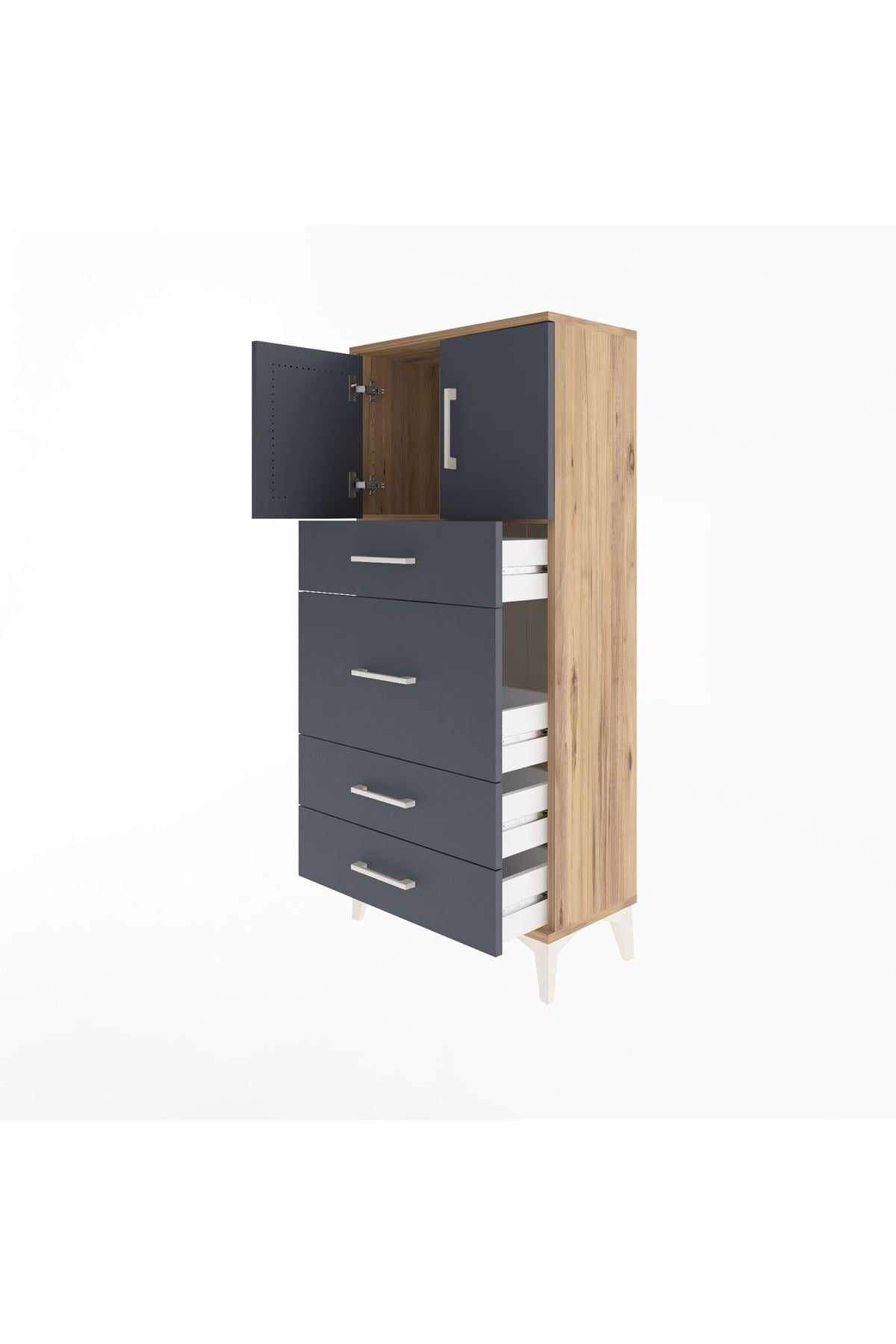 Arges Dolap Tek Raflı 4 Çekmeceli 2 Kapaklı 60x30x134 Çam-Antrasit