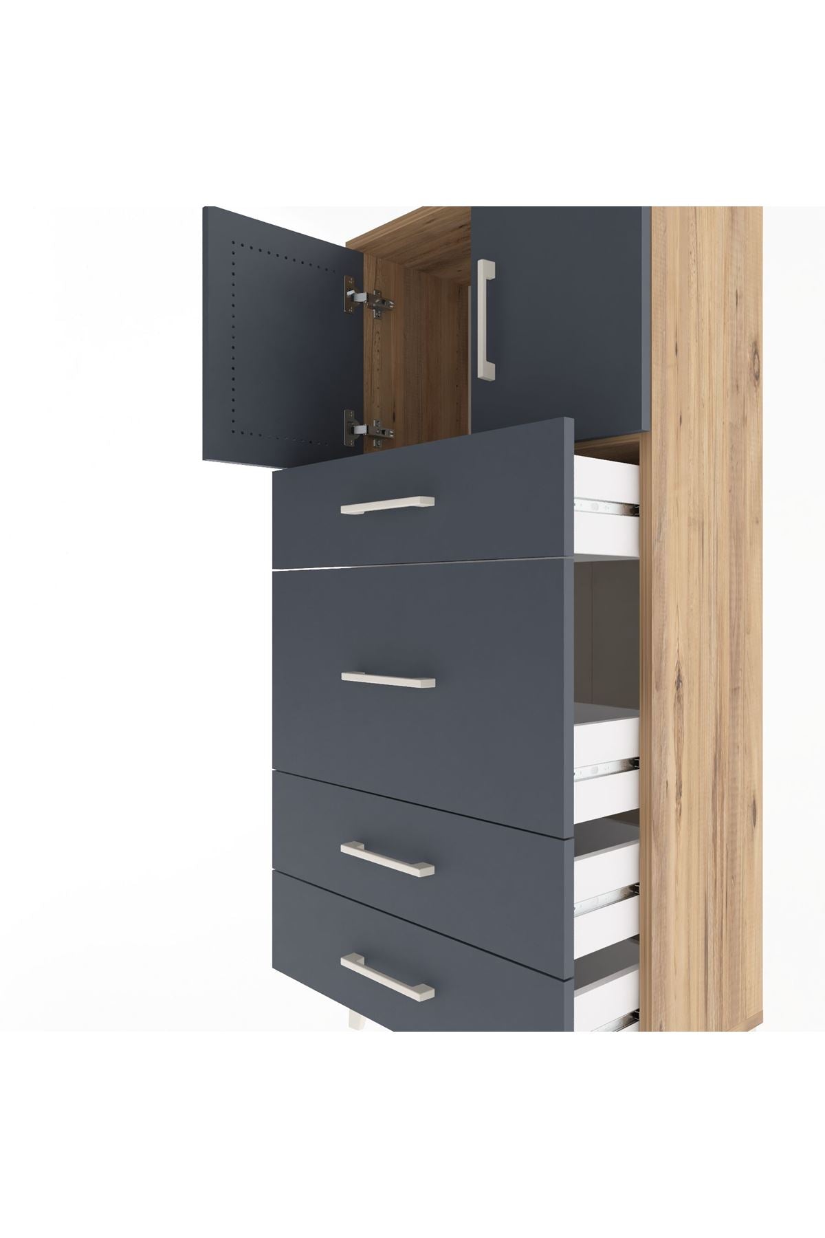 Arges Dolap Tek Raflı 4 Çekmeceli 2 Kapaklı 60x30x134 Çam-Antrasit