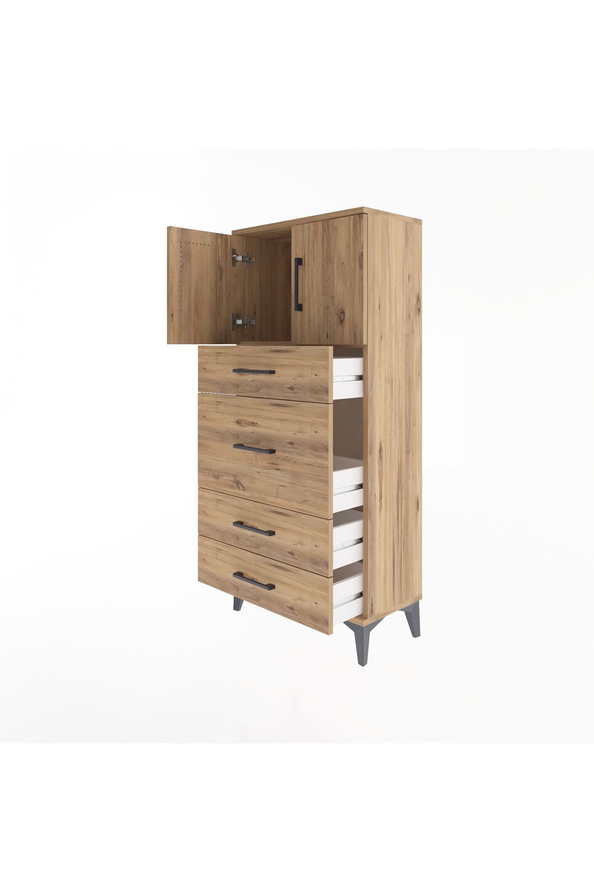 Arges Dolap Tek Raflı 4 Çekmeceli 2 Kapaklı 60x30x134 Çam-Çam