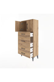 Arges Dolap Tek Raflı 4 Çekmeceli 2 Kapaklı 60x30x134 Çam-Çam