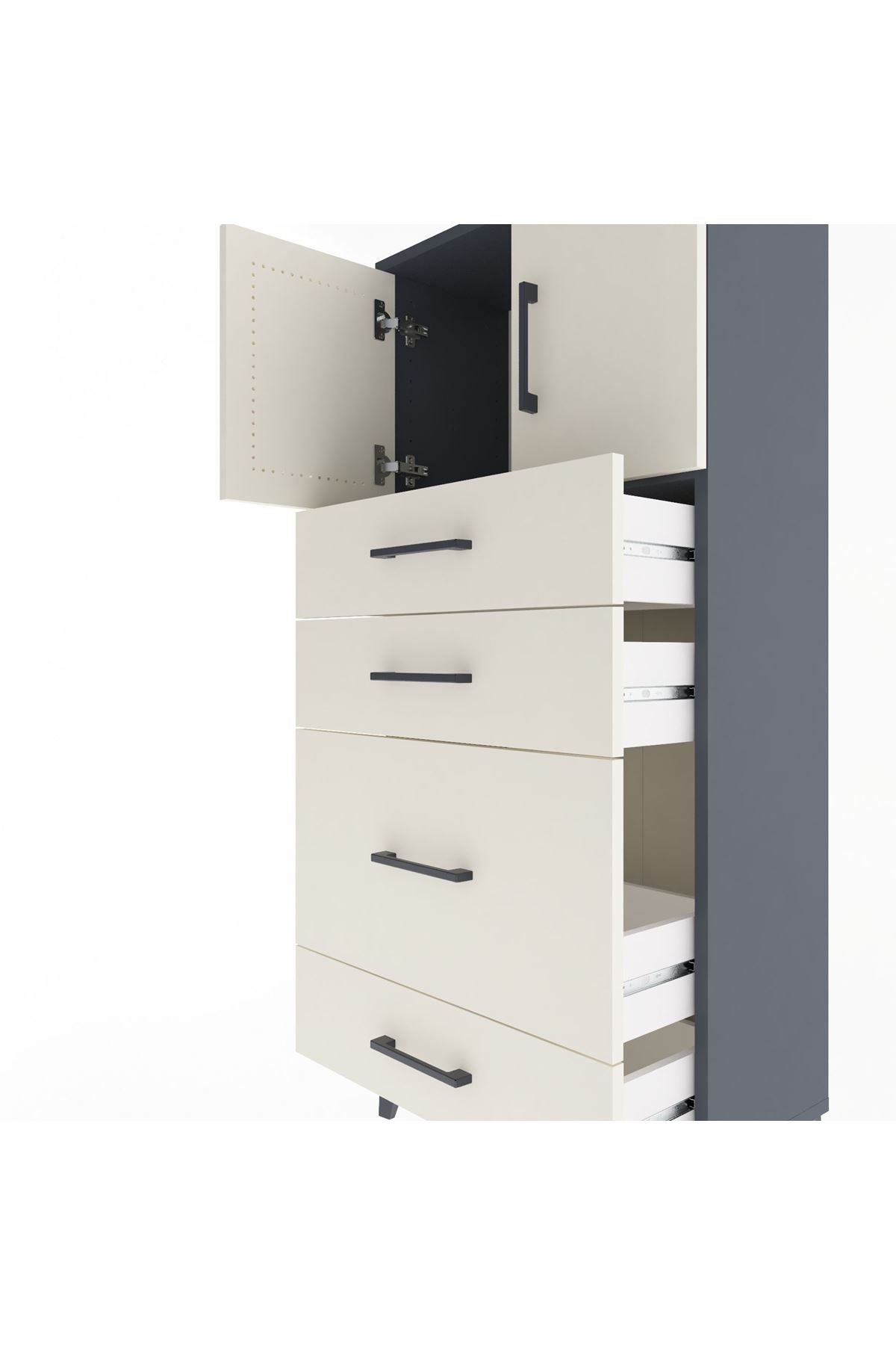 Arges Dolap Tek Raflı 4 Çekmeceli 2 Kapaklı 60x30x134 Antrasit-Aytaşı