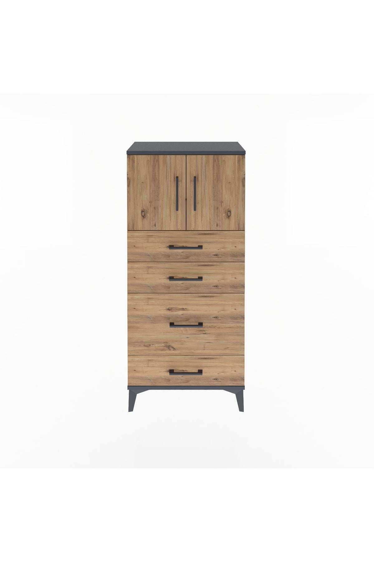 Arges Dolap Tek Raflı 4 Çekmeceli 2 Kapaklı 60x30x134 Antrasit-Çam