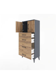 Arges Dolap Tek Raflı 4 Çekmeceli 2 Kapaklı 60x30x134 Antrasit-Çam