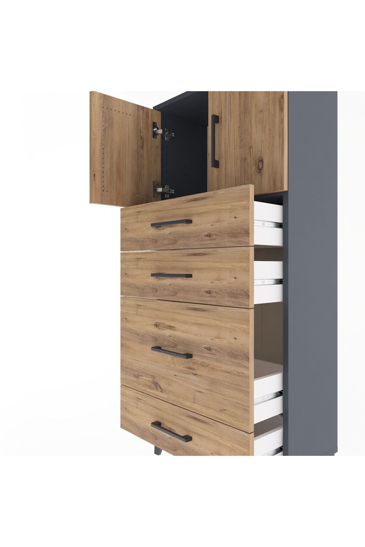 Arges Dolap Tek Raflı 4 Çekmeceli 2 Kapaklı 60x30x134 Antrasit-Çam