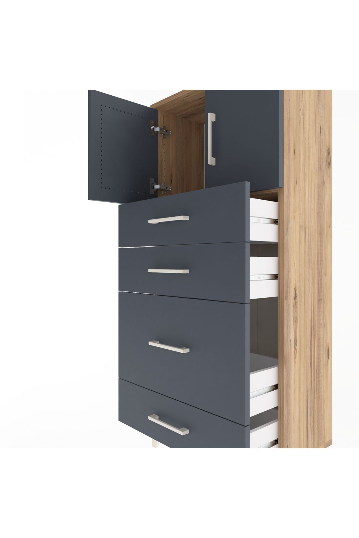 Arges Dolap Tek Raflı 4 Çekmeceli 2 Kapaklı 60x30x134 Çam-Antrasit