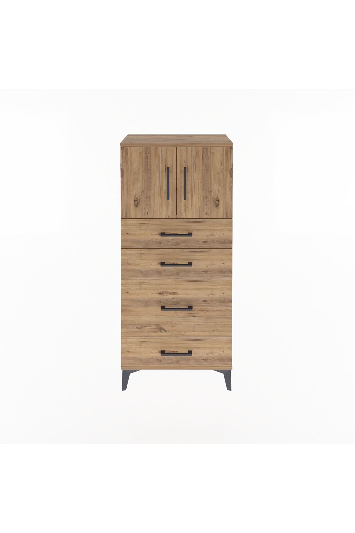 Arges Dolap Tek Raflı 4 Çekmeceli 2 Kapaklı 60x30x134 Çam-Çam