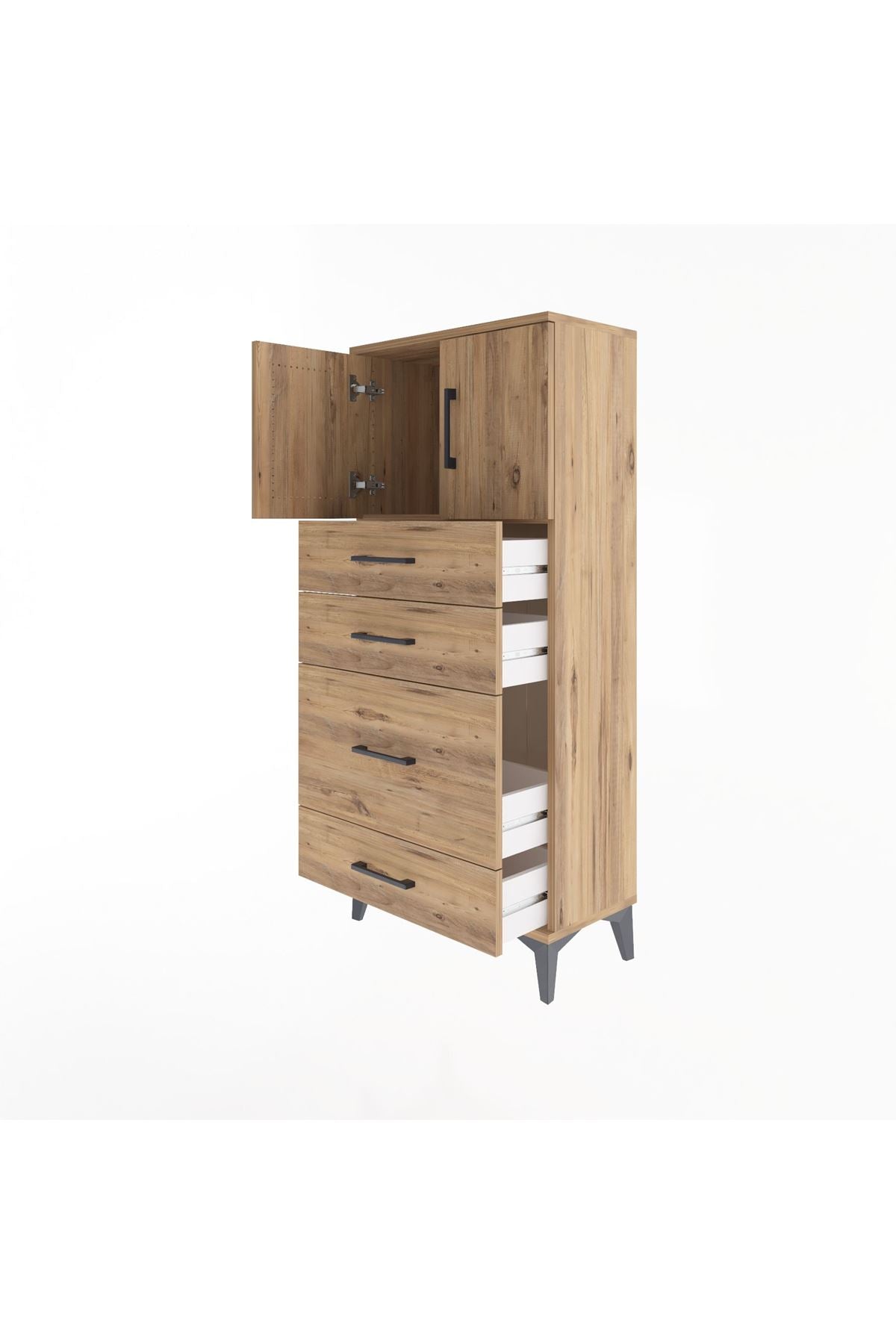 Arges Dolap Tek Raflı 4 Çekmeceli 2 Kapaklı 60x30x134 Çam-Çam