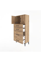 Arges Dolap Tek Raflı 4 Çekmeceli 2 Kapaklı 60x30x134 Çam-Çam