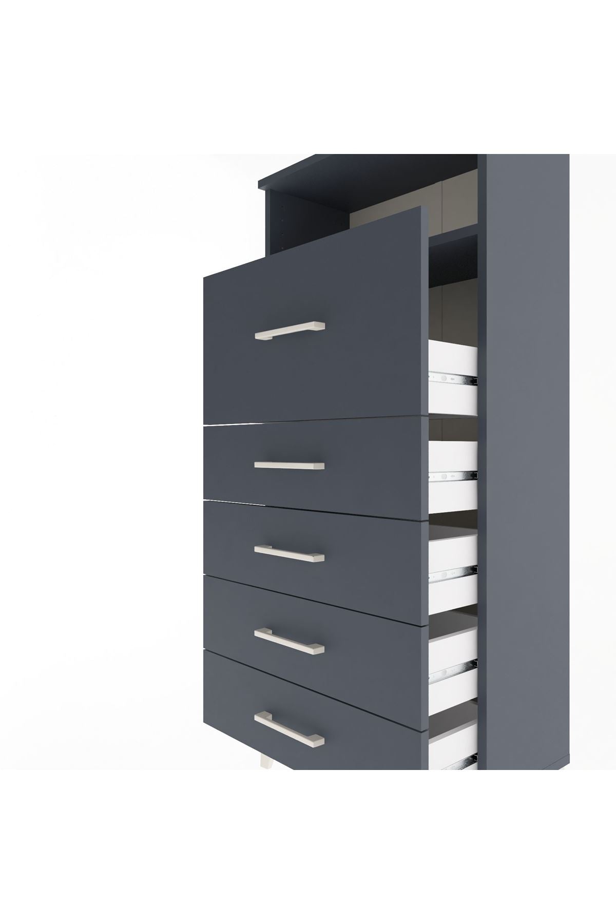 Arges Dolap Tek Raflı 5 Çekmeceli 60x30x134 Antrasit-Antrasit