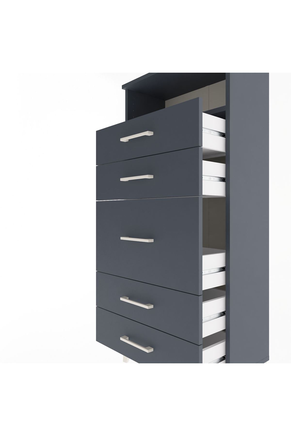 Arges Dolap Tek Raflı 5 Çekmeceli 60x30x134 Antrasit-Antrasit