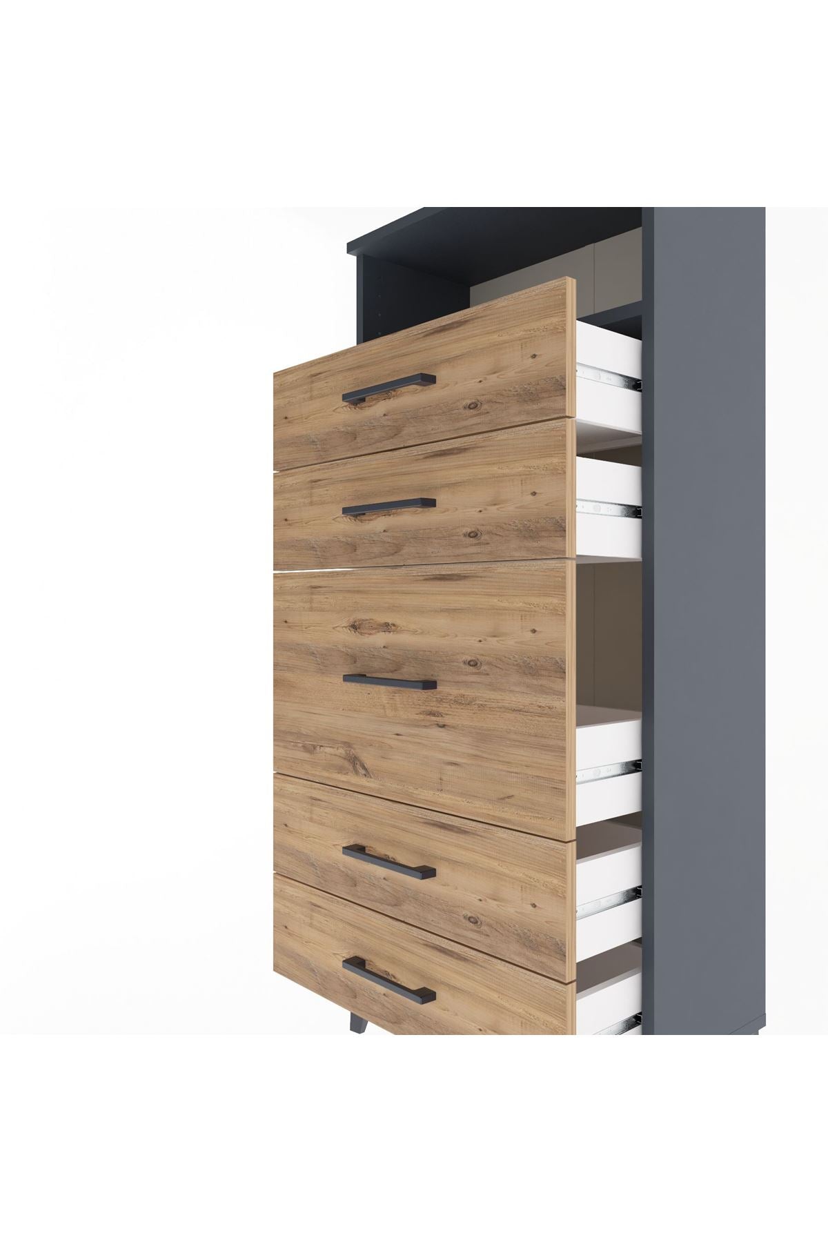 Arges Dolap Tek Raflı 5 Çekmeceli 60x30x134 Antrasit-Çam