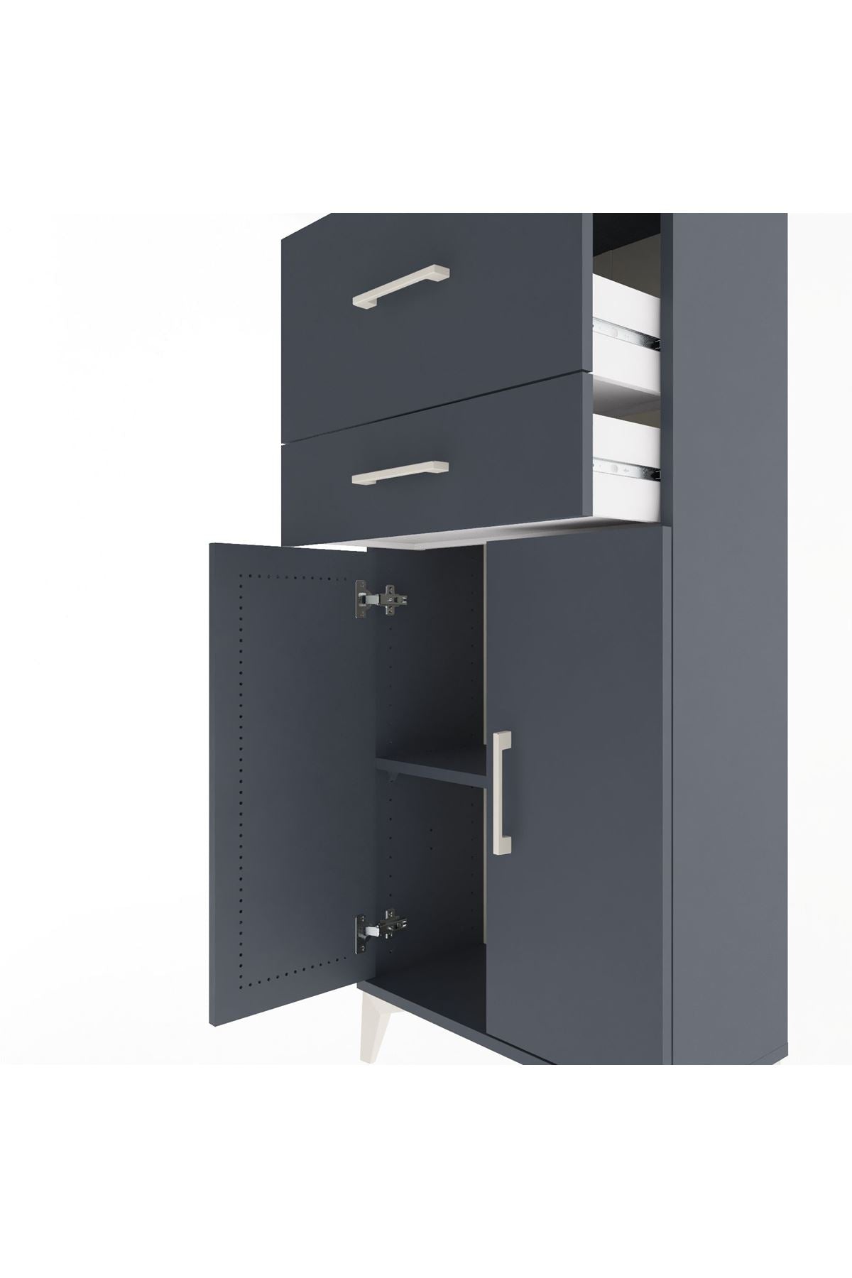 Arges Dolap Tek Raflı 2 Çekmeceli 2 Kapaklı 60x30x134 Antrasit-Antrasit