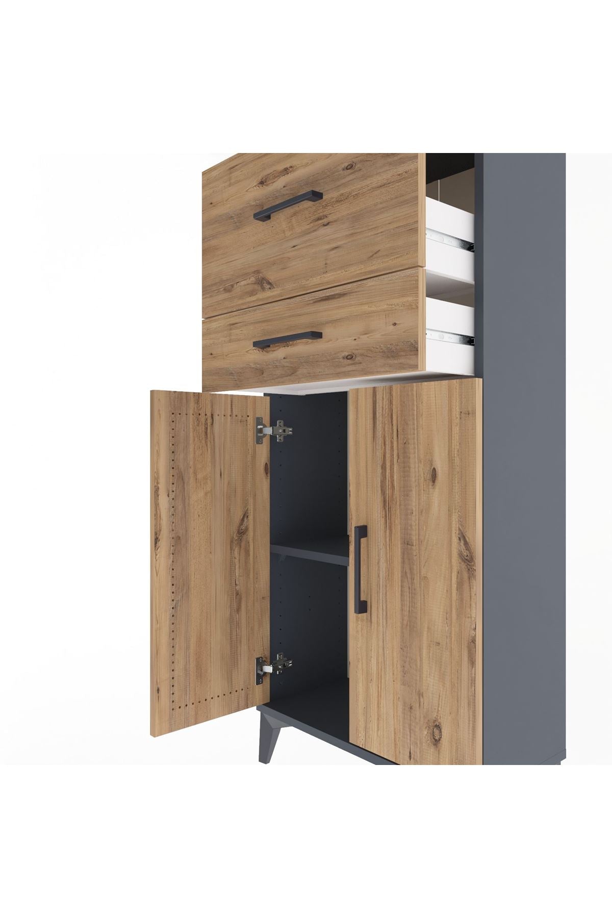 Arges Dolap Tek Raflı 2 Çekmeceli 2 Kapaklı 60x30x134 Antrasit-Çam