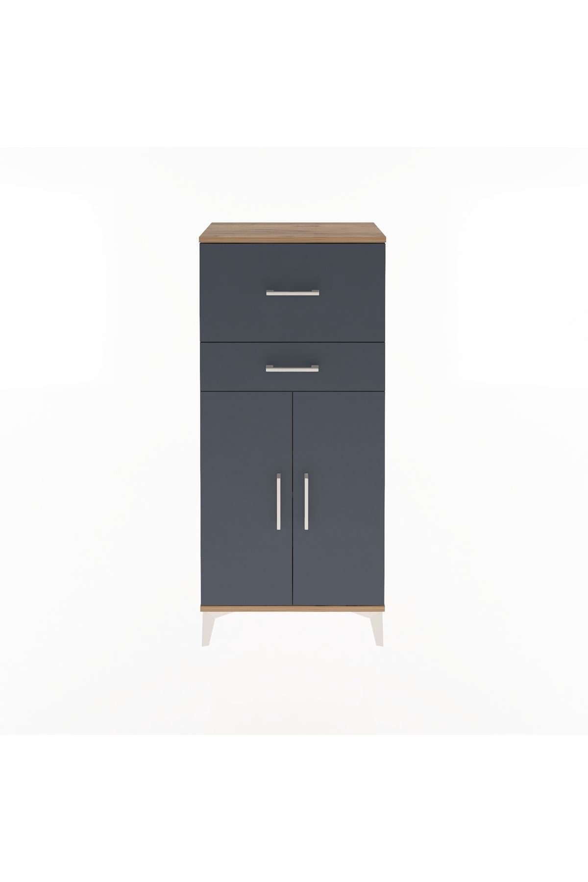 Arges Dolap Tek Raflı 2 Çekmeceli 2 Kapaklı 60x30x134 Çam-Antrasit