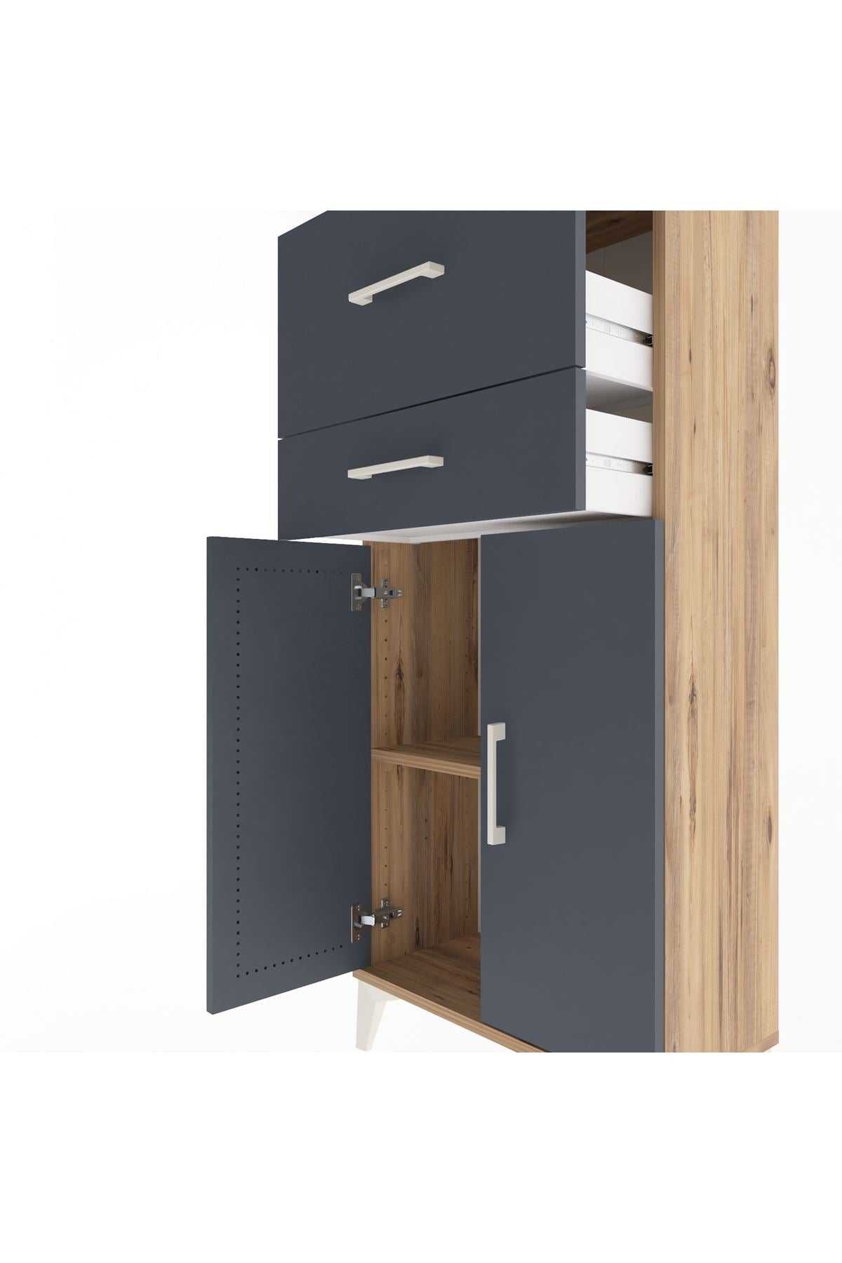 Arges Dolap Tek Raflı 2 Çekmeceli 2 Kapaklı 60x30x134 Çam-Antrasit