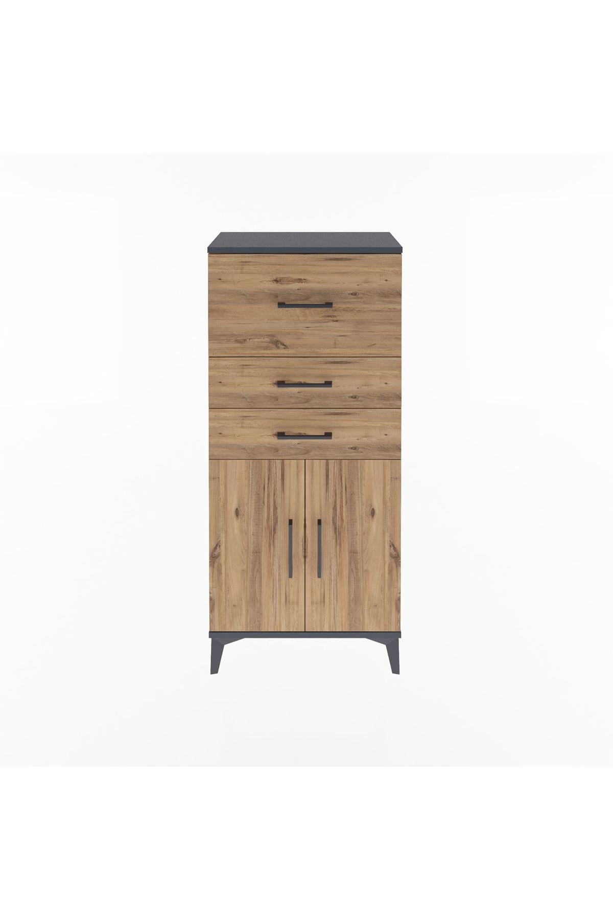 Arges Dolap Tek Raflı 3 Çekmeceli 2 Kapaklı 60x30x134 Antrasit-Çam