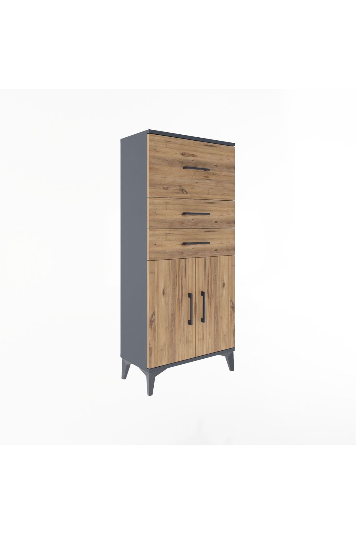 Arges Dolap Tek Raflı 3 Çekmeceli 2 Kapaklı 60x30x134 Antrasit-Çam