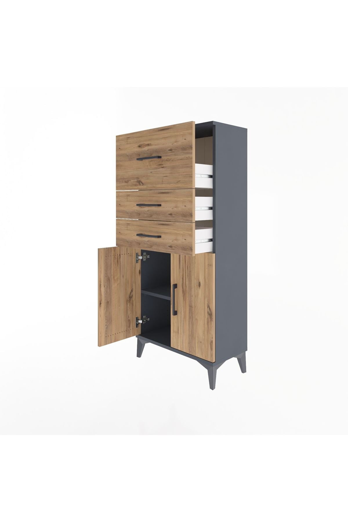 Arges Dolap Tek Raflı 3 Çekmeceli 2 Kapaklı 60x30x134 Antrasit-Çam