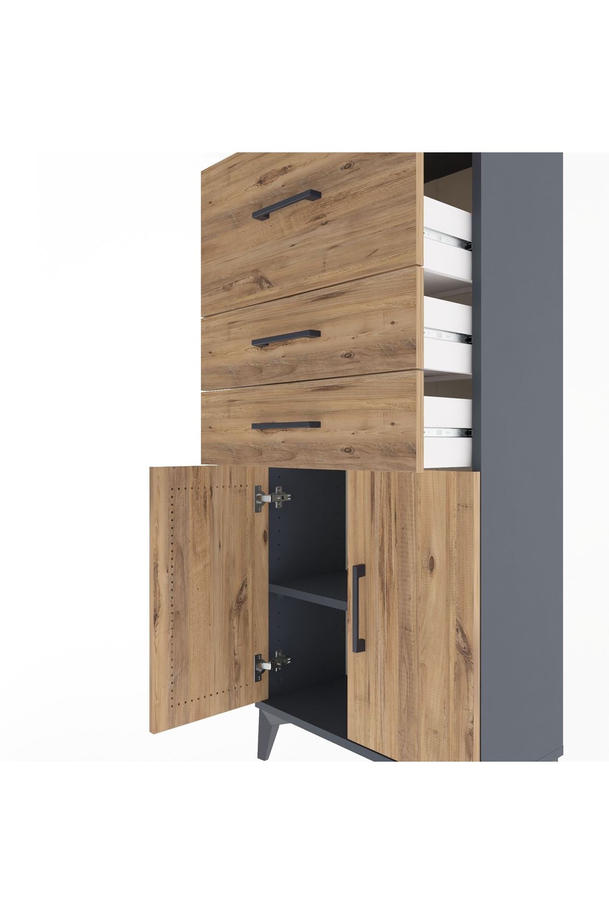 Arges Dolap Tek Raflı 3 Çekmeceli 2 Kapaklı 60x30x134 Antrasit-Çam