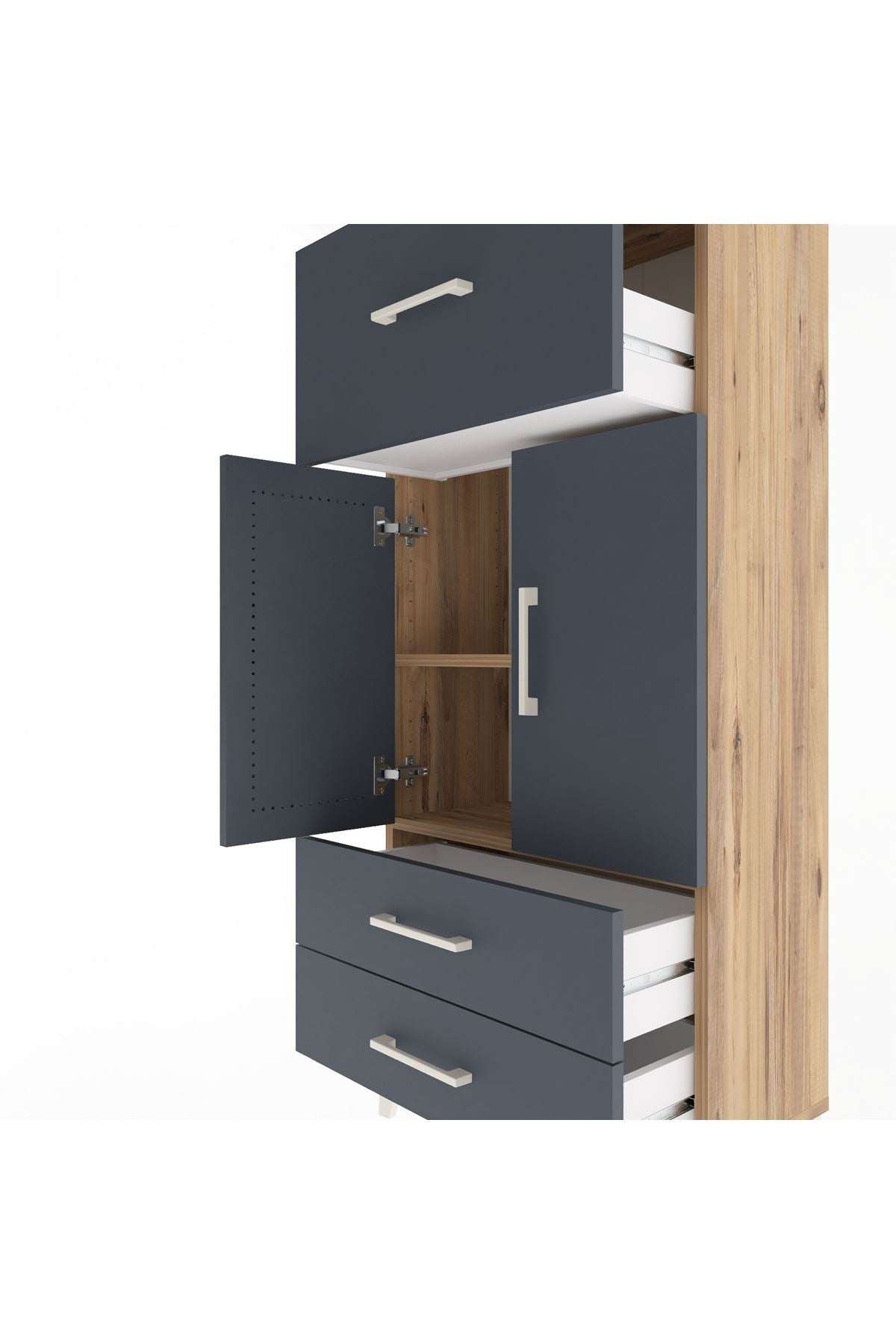 Arges Dolap 2 Raflı 3 Çekmeceli 2 Kapaklı 60x30x134 Çam-Antrasit