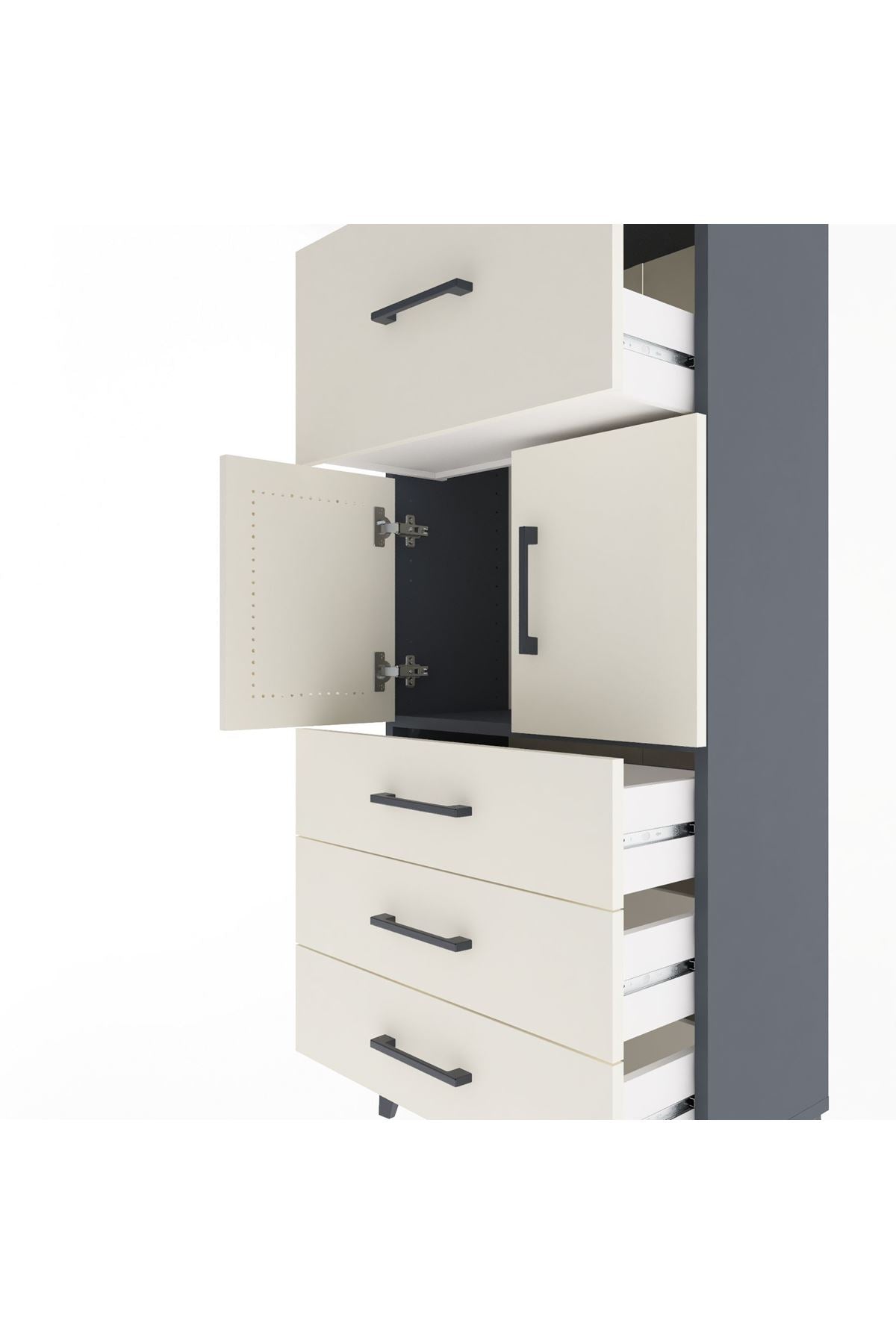 Arges Dolap Tek Raflı 4 Çekmeceli 2 Kapaklı 60x30x134 Antrasit-Aytaşı