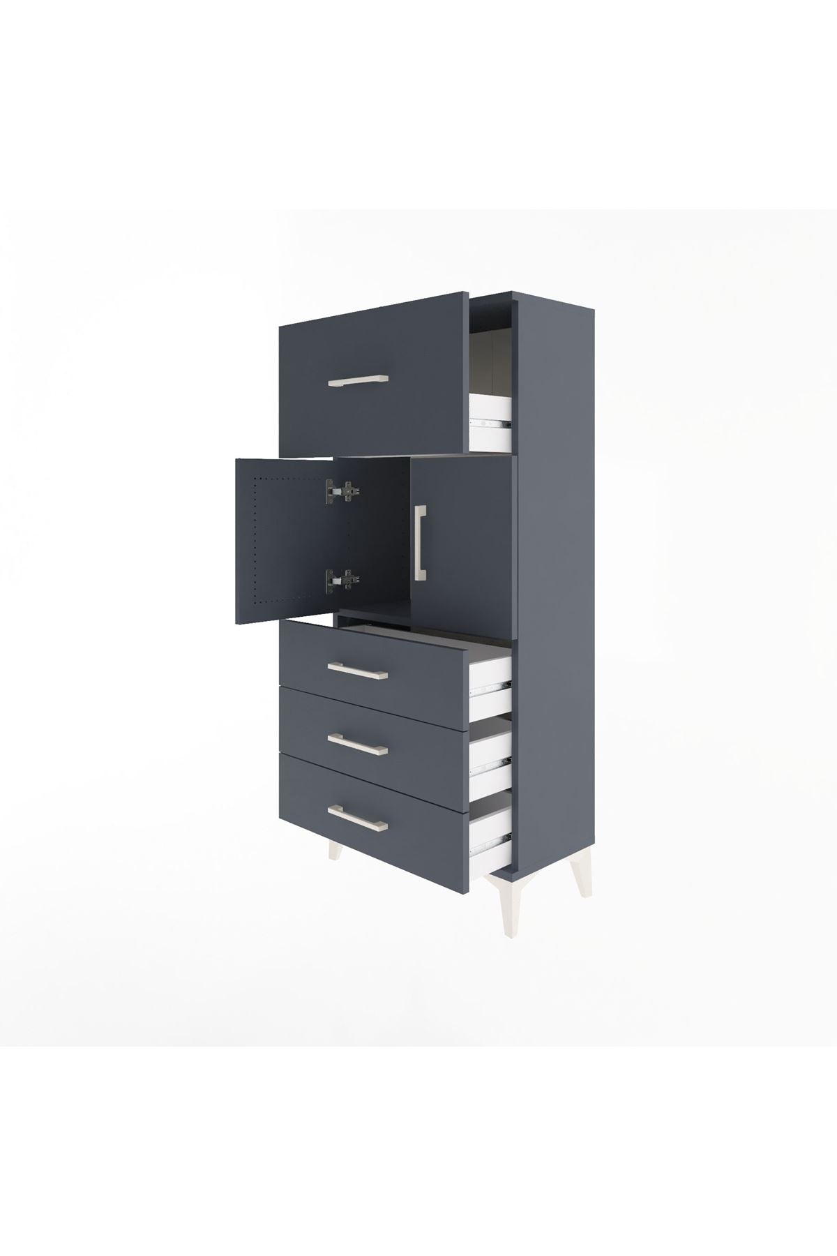Arges Dolap Tek Raflı 4 Çekmeceli 2 Kapaklı 60x30x134 Antrasit-Antrasit