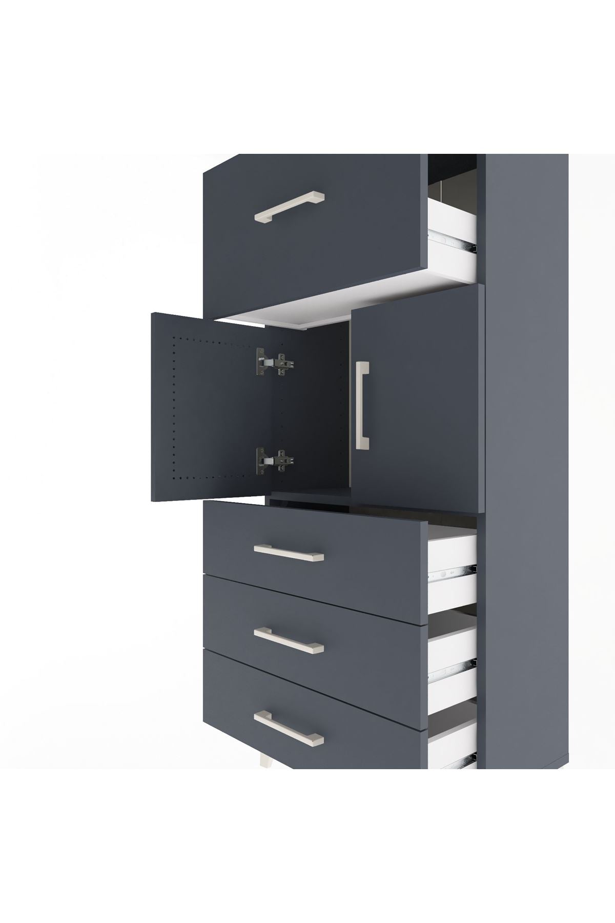 Arges Dolap Tek Raflı 4 Çekmeceli 2 Kapaklı 60x30x134 Antrasit-Antrasit