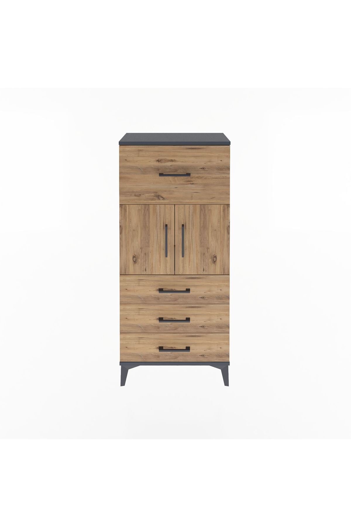 Arges Dolap Tek Raflı 4 Çekmeceli 2 Kapaklı 60x30x134 Antrasit-Çam