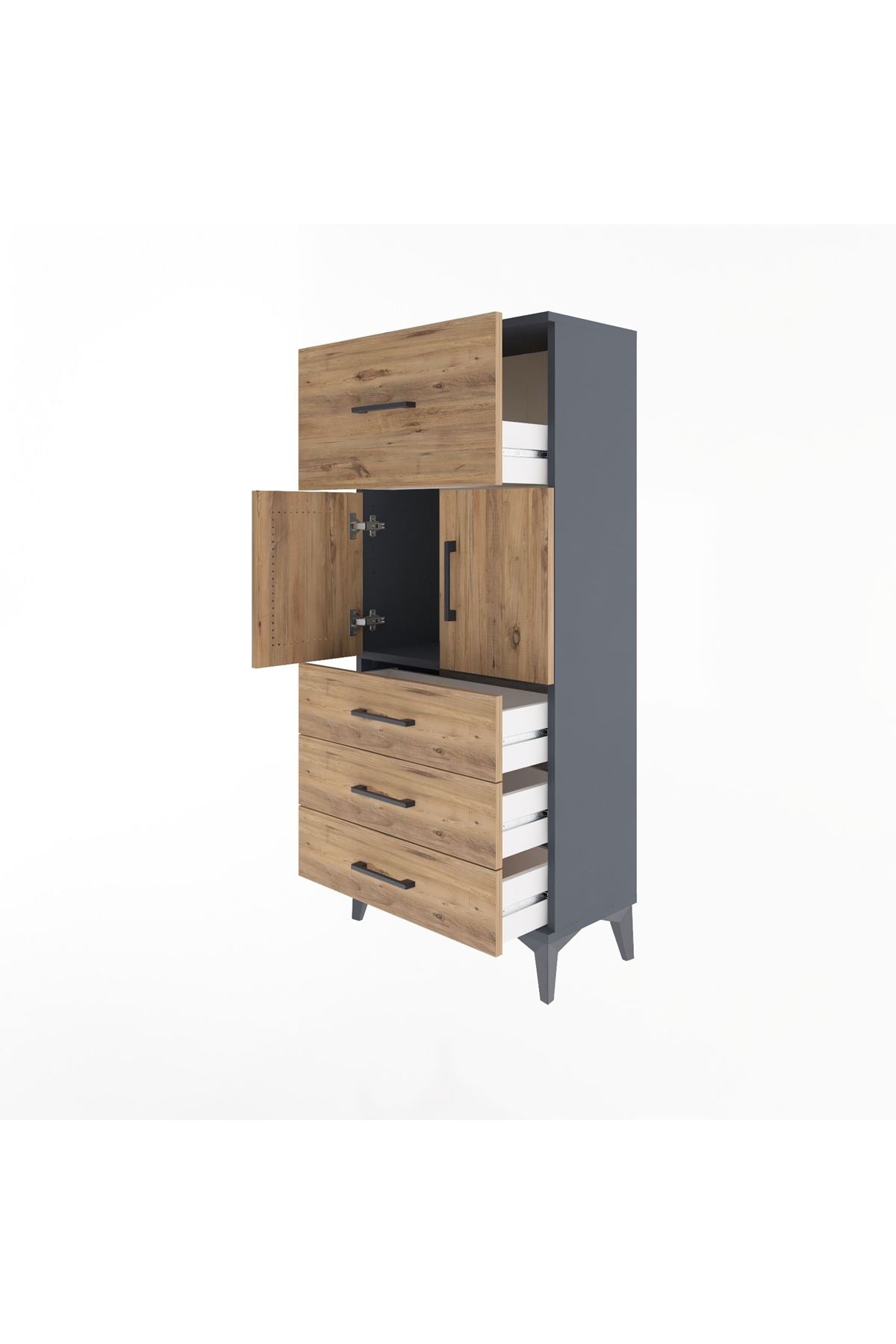 Arges Dolap Tek Raflı 4 Çekmeceli 2 Kapaklı 60x30x134 Antrasit-Çam