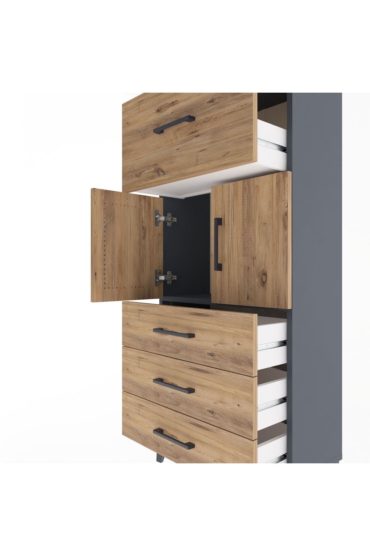 Arges Dolap Tek Raflı 4 Çekmeceli 2 Kapaklı 60x30x134 Antrasit-Çam