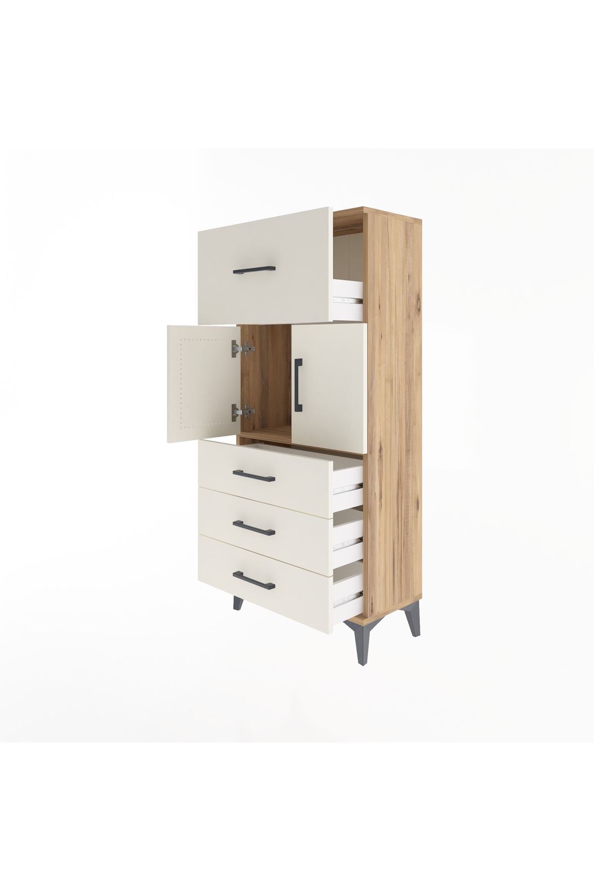 Arges Dolap Tek Raflı 4 Çekmeceli 2 Kapaklı 60x30x134 Çam-Aytaşı