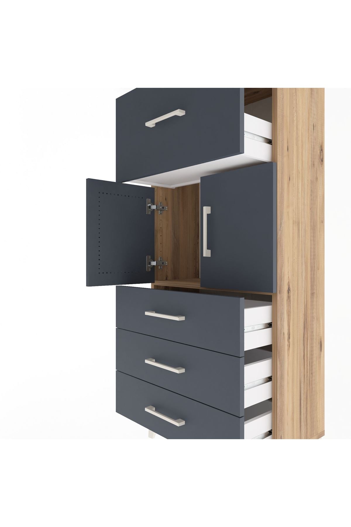 Arges Dolap Tek Raflı 4 Çekmeceli 2 Kapaklı 60x30x134 Çam-Antrasit