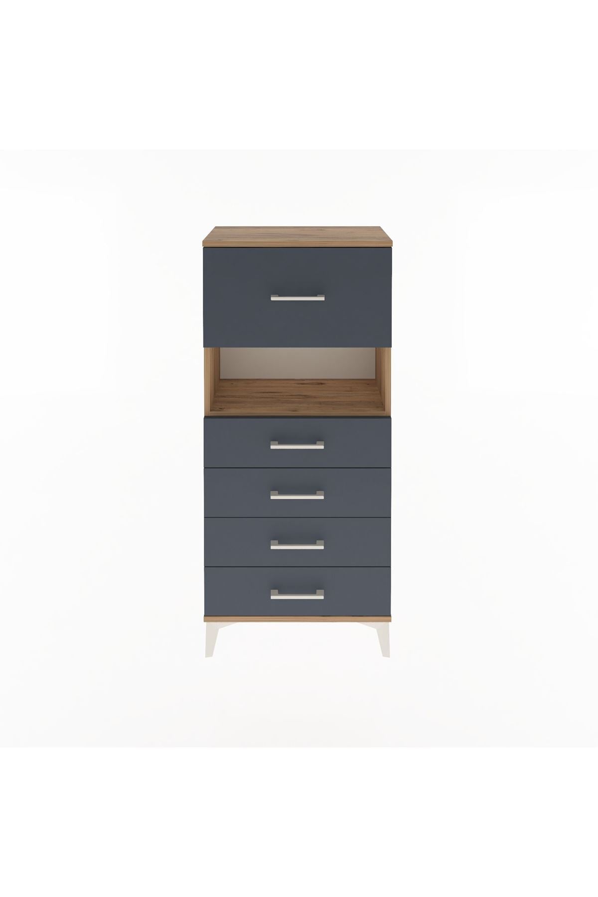 Arges Dolap Tek Raflı 5 Çekmeceli 60x30x134 Çam-Antrasit