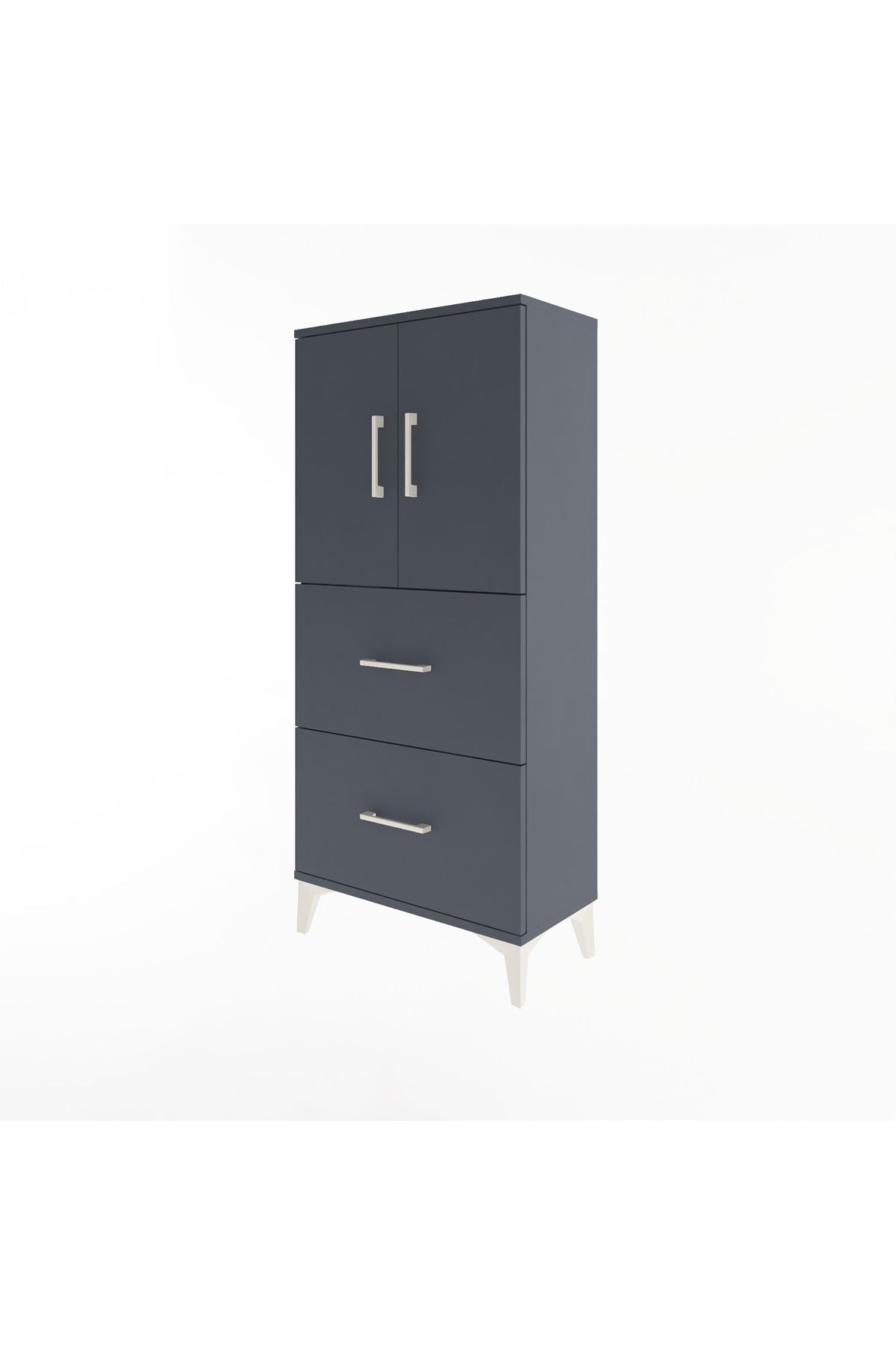 Arges Dolap Tek Raflı 2 Çekmeceli 2 Kapaklı 60x30x134 Antrasit-Antrasit