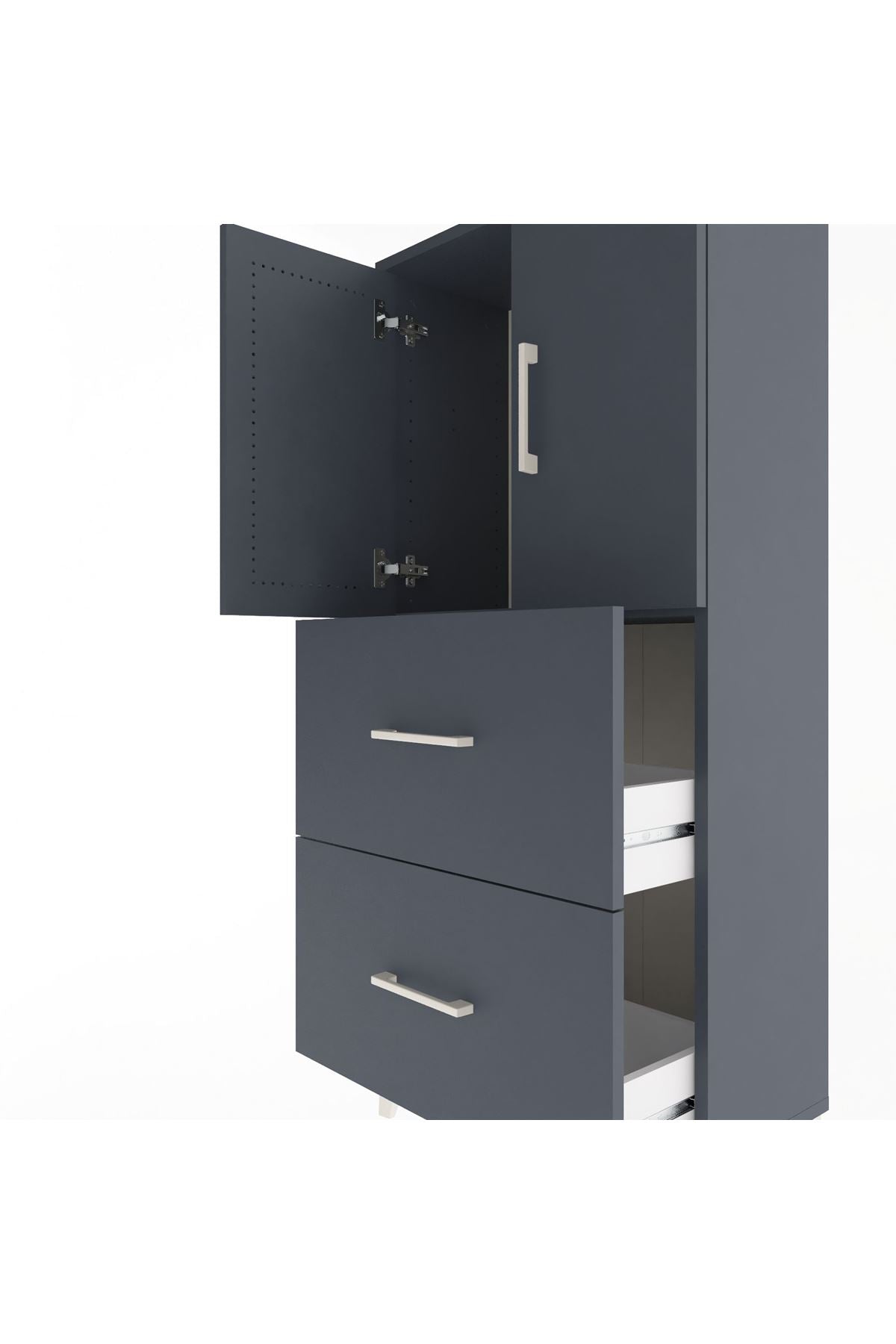 Arges Dolap Tek Raflı 2 Çekmeceli 2 Kapaklı 60x30x134 Antrasit-Antrasit