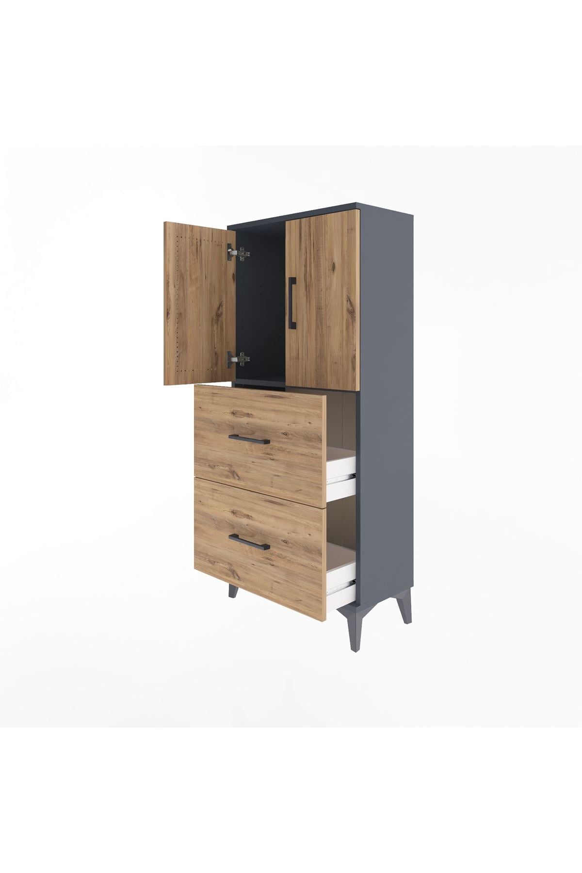 Arges Dolap Tek Raflı 2 Çekmeceli 2 Kapaklı 60x30x134 Antrasit-Çam