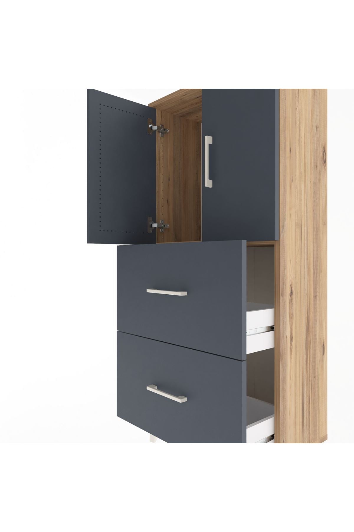 Arges Dolap Tek Raflı 2 Çekmeceli 2 Kapaklı 60x30x134 Çam-Antrasit