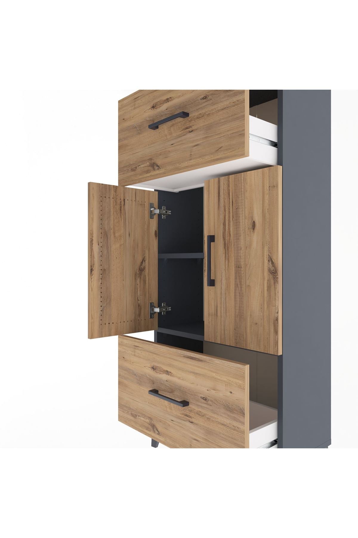 Arges Dolap 2 Raflı 2 Çekmeceli 2 Kapaklı 60x30x134 Antrasit-Çam