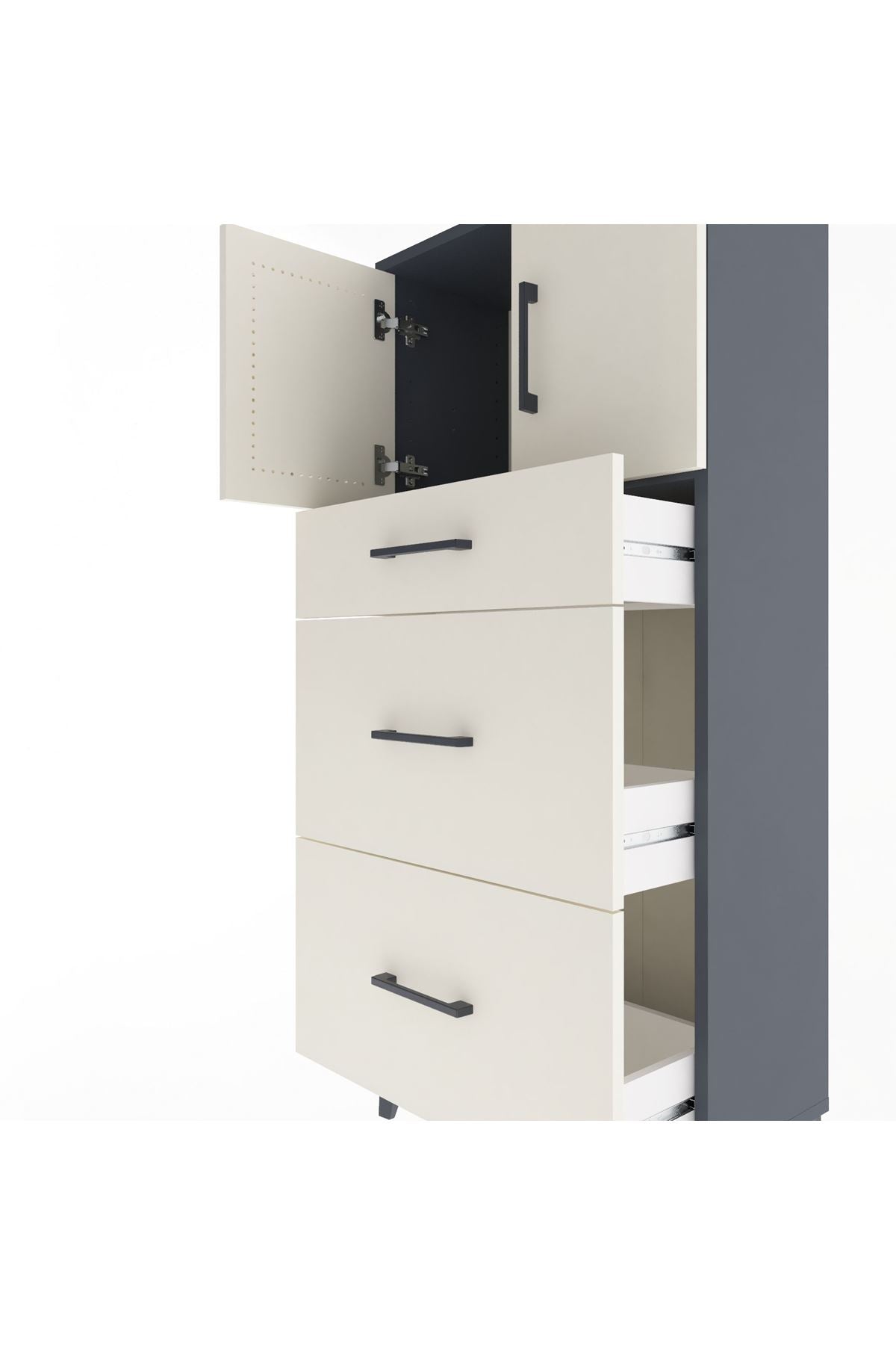 Arges Dolap Tek Raflı 3 Çekmeceli 2 Kapaklı 60x30x134 Antrasit-Aytaşı