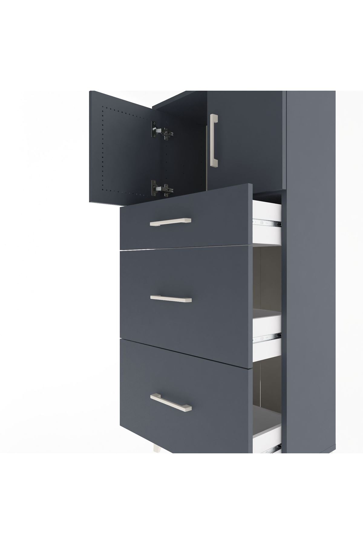 Arges Dolap Tek Raflı 3 Çekmeceli 2 Kapaklı 60x30x134 Antrasit-Antrasit