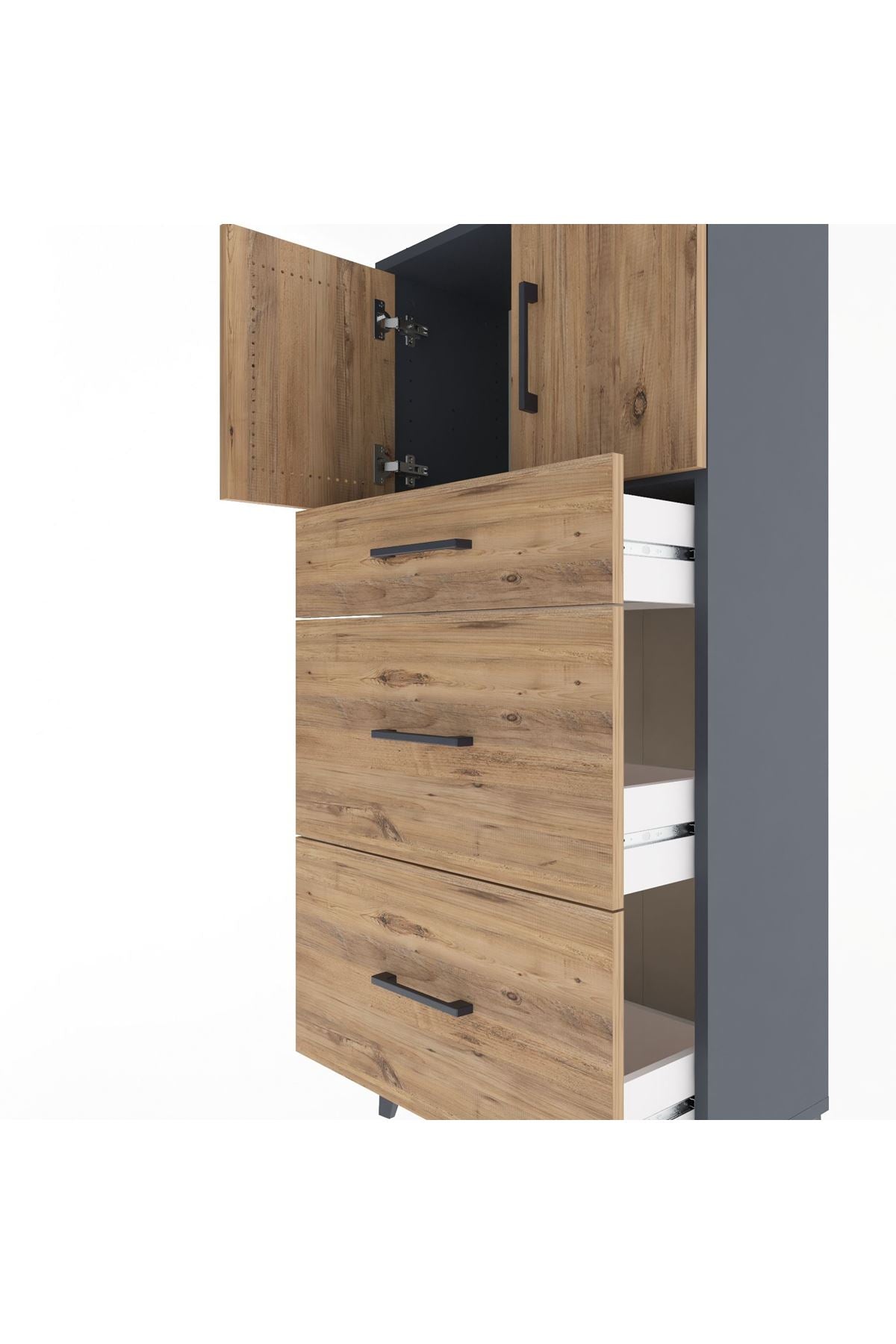 Arges Dolap Tek Raflı 3 Çekmeceli 2 Kapaklı 60x30x134 Antrasit-Çam