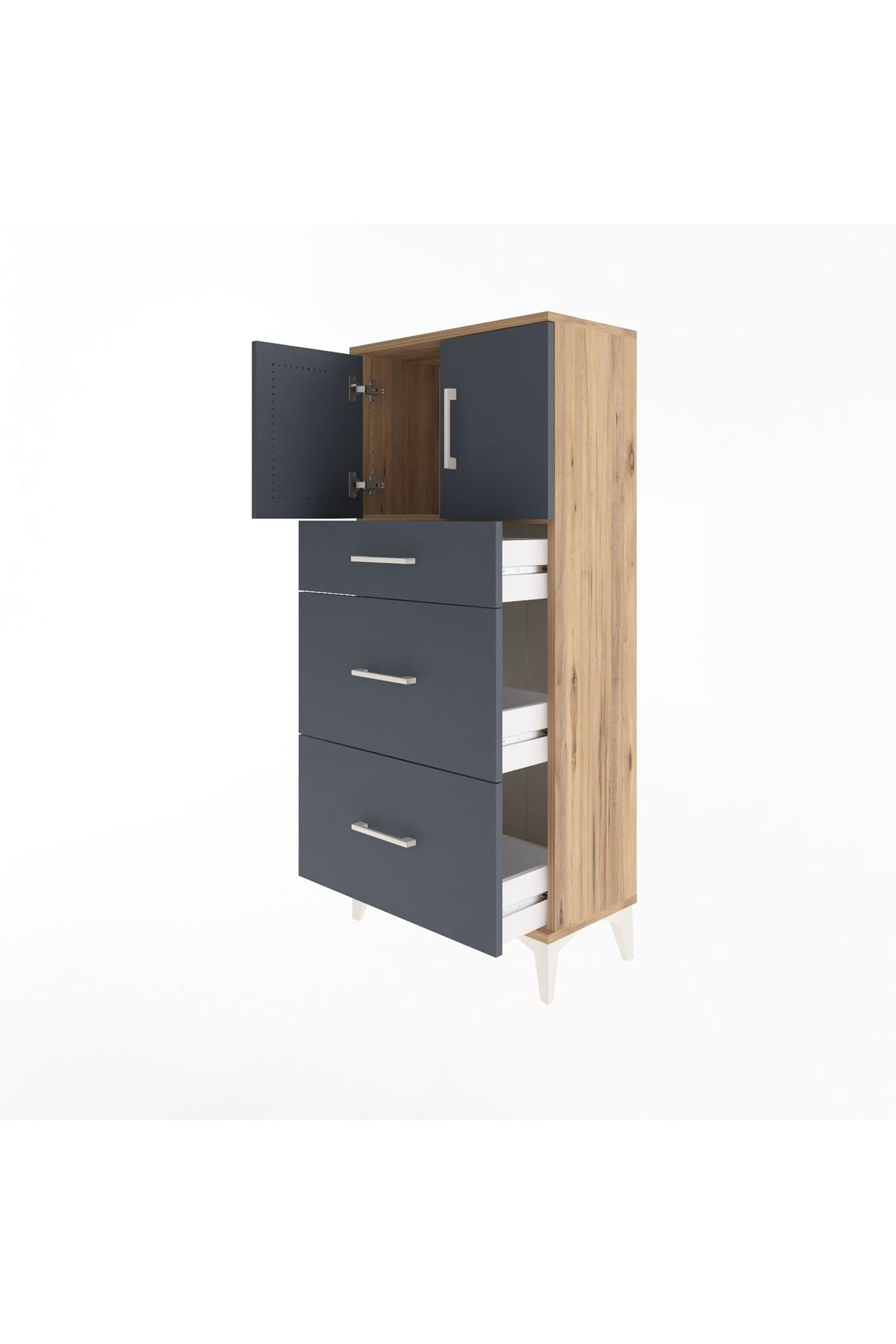 Arges Dolap Tek Raflı 3 Çekmeceli 2 Kapaklı 60x30x134 Çam-Antrasit