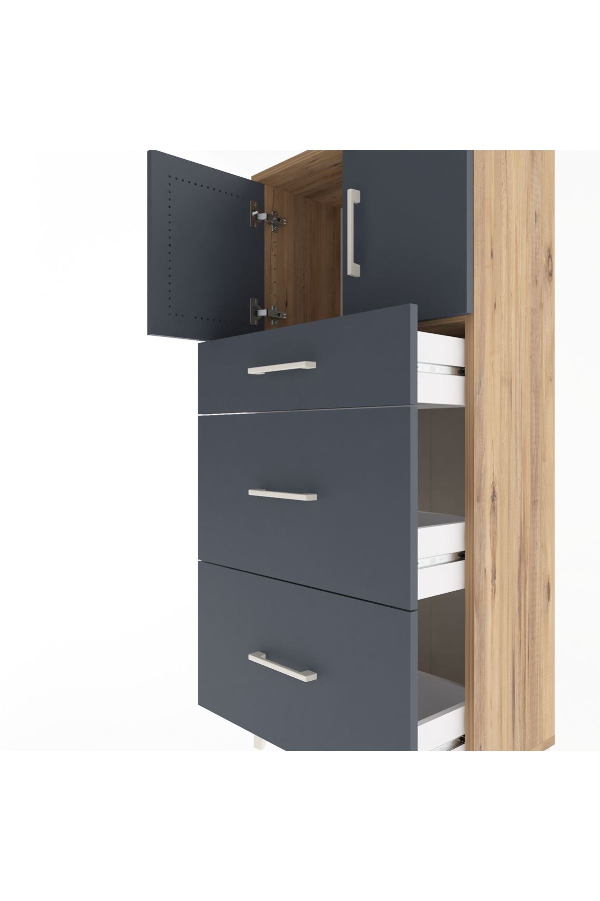Arges Dolap Tek Raflı 3 Çekmeceli 2 Kapaklı 60x30x134 Çam-Antrasit